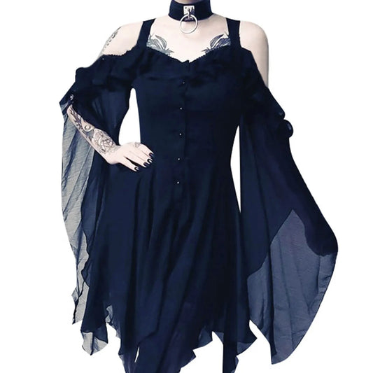 2024 Women Plus Size Fashion Dew Shoulder Gothic Ruffled Sling Dress Irregular Dress(S-5XL) Vintage Punk Harajuku Lolita Clothes