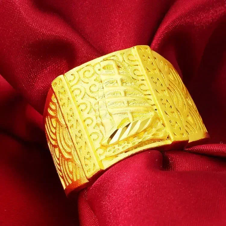Pure gold ring same style mens AU999 real 24K agate Pixiu God of Wealth adjustable inlaid jade jewelry