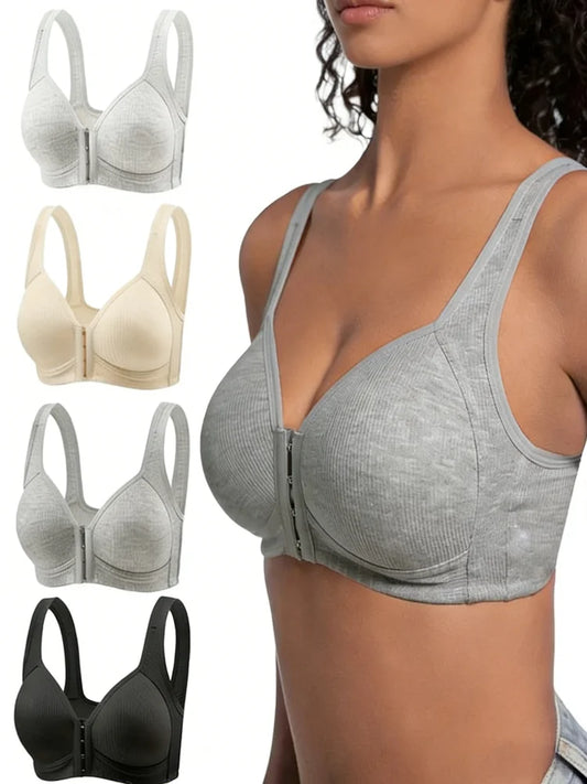 Women's Bra Wire-Free Front Closure Solid Color Full Coverage Fixed Cups Women Seamless Large Size Comfort Underwear