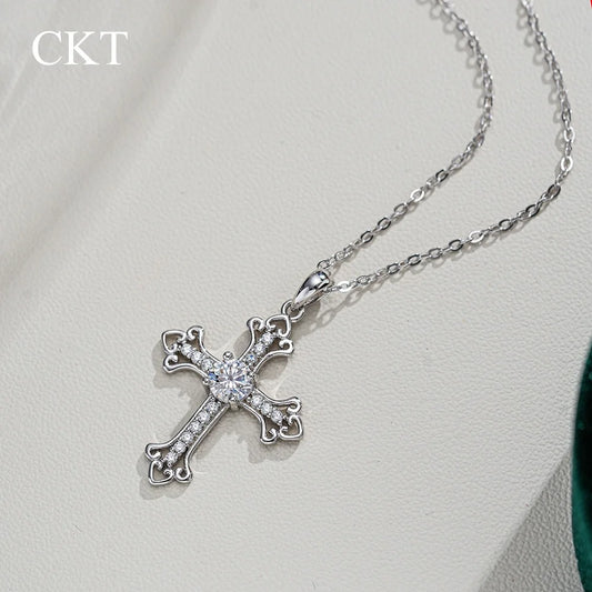 CKT 0.5ct Moissanite Solitaire Pendant Necklace in 18k White Gold, Fine Jewelry for Women Everyday Cross Geometry Platinum Pt950