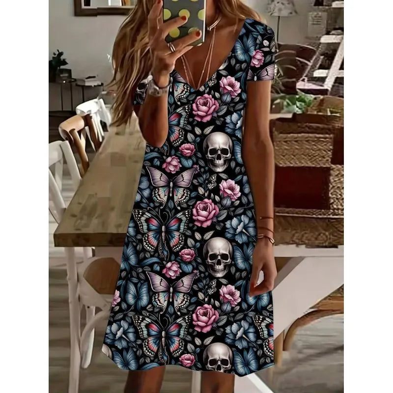 Plus-size Women's Maxi Dress Featuring a Gothic-style Skull, butterfly, and Floral Print.