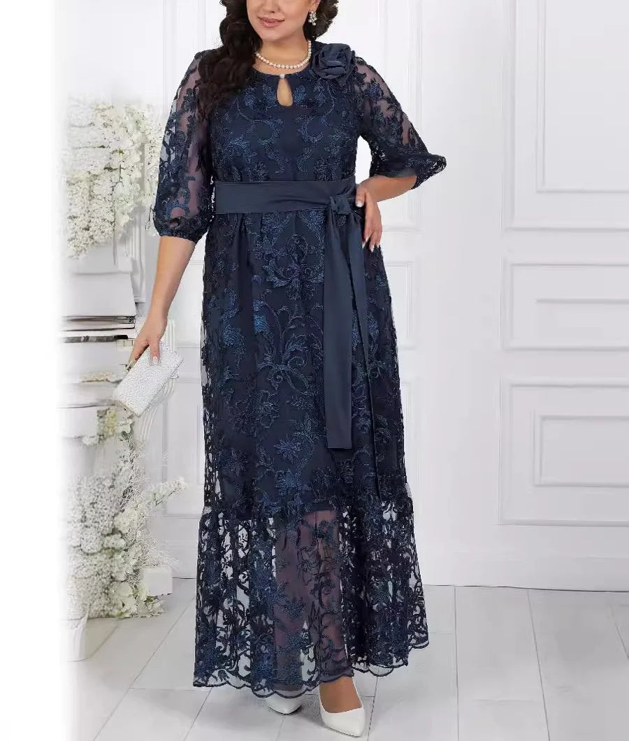 New Women's Elegant Lace Embroidery Cocktail Party Dresses Spring Plus Size Hollow Out Prom Gown Ladies Slim Formal Maxi Dress