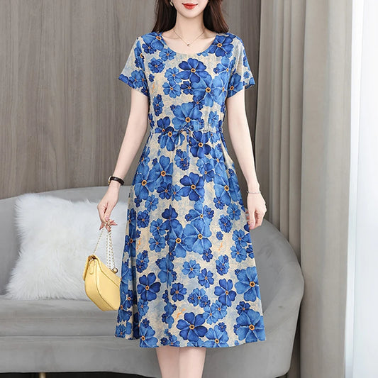 New Elegant Floral Dress Bohemian plus Size Women Summer Short Sleeve Clothing with Large Hem for Casual Occasions