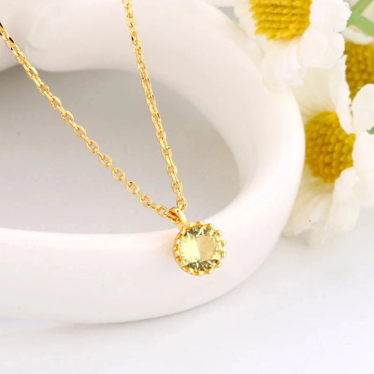 2026 New Gold Plated Crown Bezel Round Citrine Pendant Necklace Single Yellow Gem Dainty Chain Choker For Women Jewelry