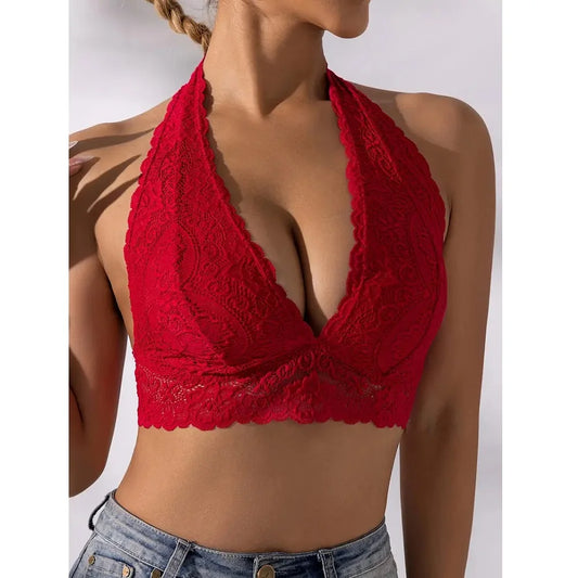 Plus Size Sexy Floral Lace Backless Halter Bra Comfy & Breathable Deep V-neck Seamless Wire Free Bras Women Underwear