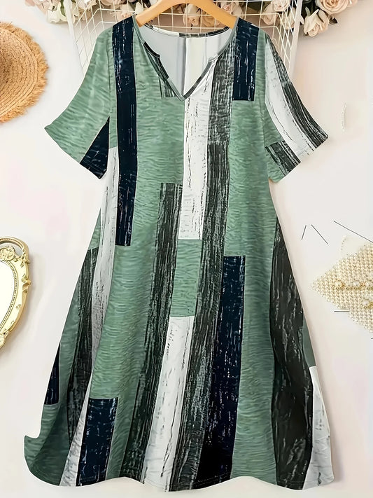Women's Plus-Size Casual V-Neck Short-Sleeve Dress With Contrasting Stripes, Made of Polyester Knit Fabric, Straight Cut, Mid-Le