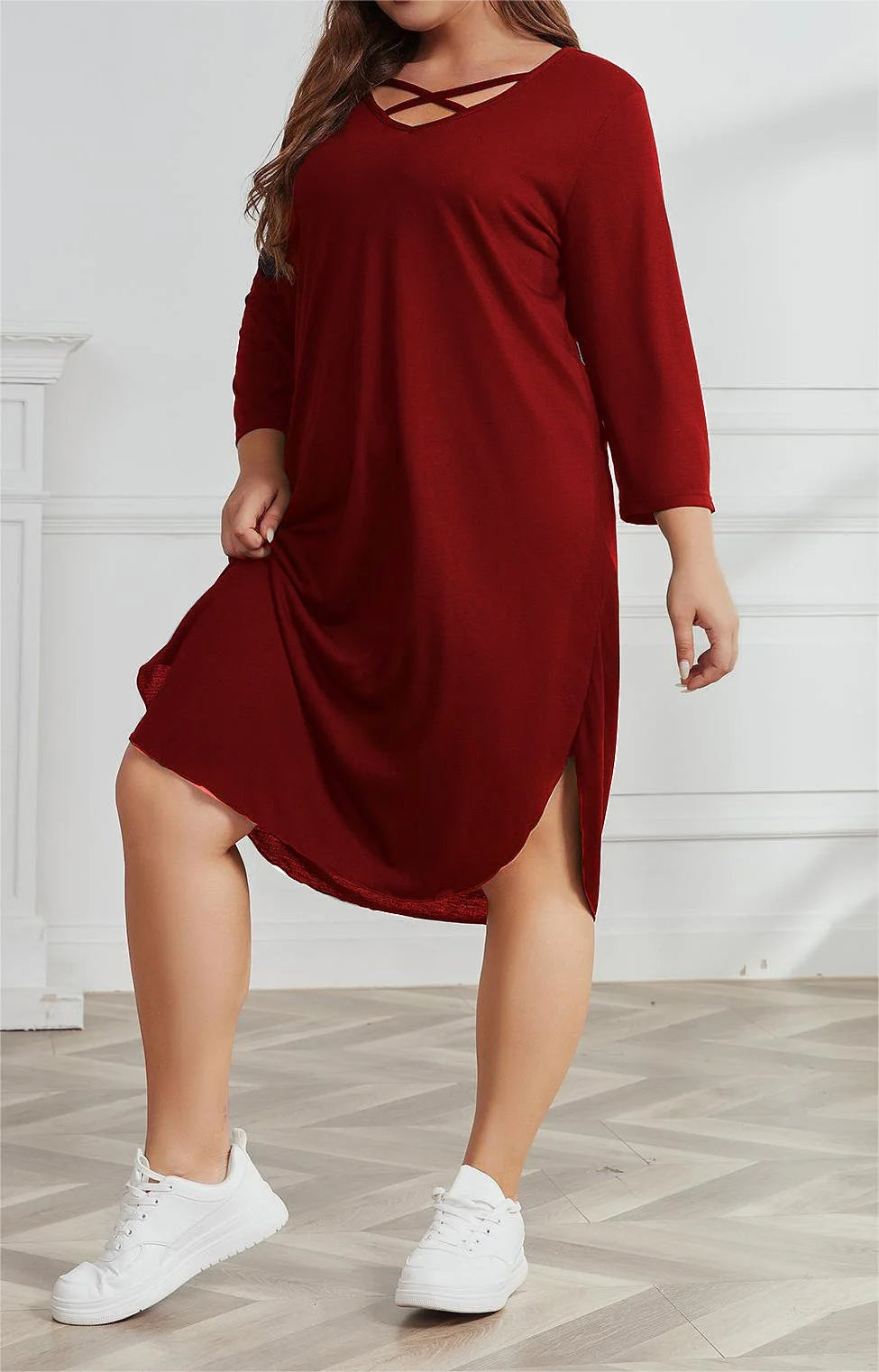 Women's Plus Size 3/4 Sleeve Criss Cross V Neck Sleep Dress Loose Casual Loungewear Nightgown