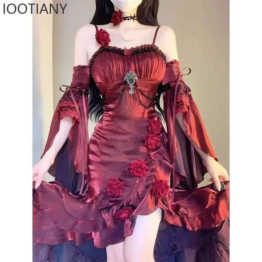 Women's High Waist Slim Elegant 3d Rose Irregular Long Skirt Lady Gothic Sleeve Dress Summer Sweet Lolita Fishtail Fairy Dress