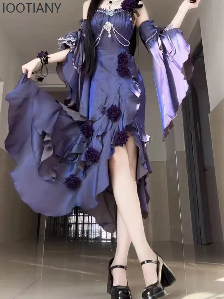 Women's High Waist Slim Elegant 3d Rose Irregular Long Skirt Lady Gothic Sleeve Dress Summer Sweet Lolita Fishtail Fairy Dress