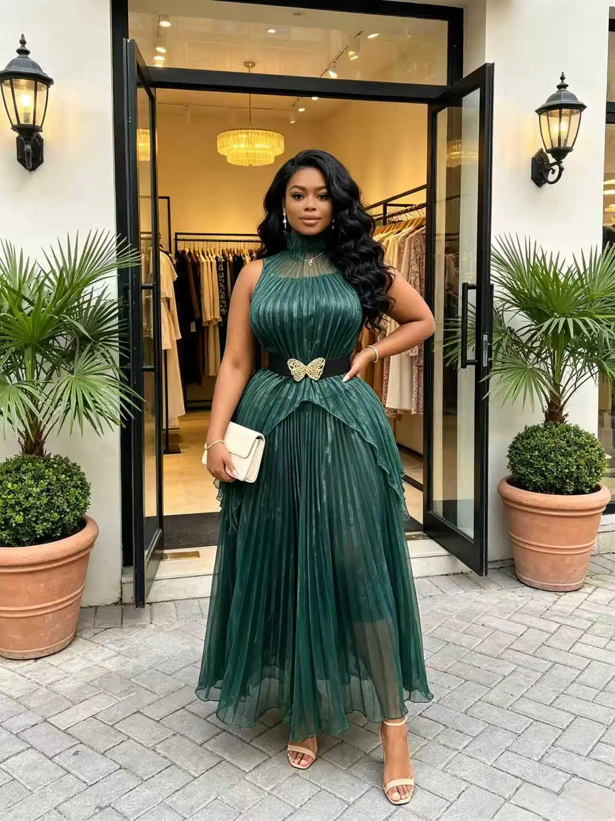 Plus Size Women Two Piece Pleated Skirt Set High Neck Sleeveless Top Midi Dress with Black Gold Butterfly Belt Ladies Elegant Ou