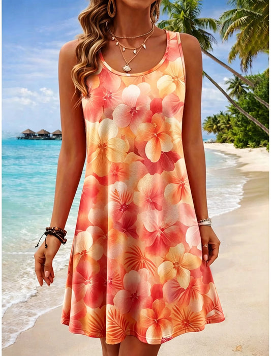 Plus Size Women's Round Neck Sleeveless Tropical 3d Print Casual A-Line Mini Dress, Beach Tank Dresses for Spring & Summer