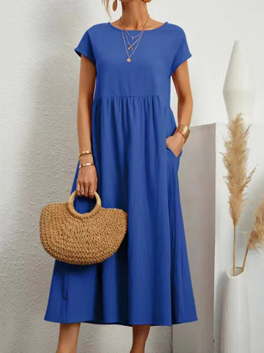 Women Plus Size A Line Midi Dress Round Neck Short Sleeve Solid Color Pleated High Waist Pockets Outfits Women's Casual Dresses