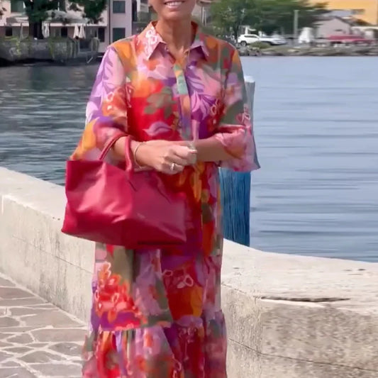 Plus Size Dress Women Turn Down Colloar Flower Printed Long Dress Boho Beach Holidyay Dresses For Women Casual Half Sleeve Loose