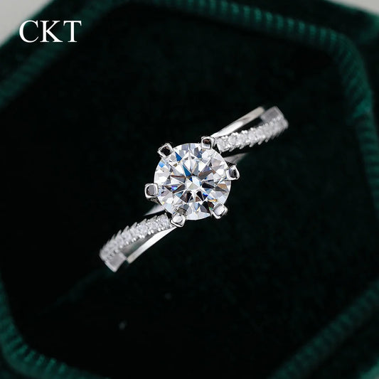 CKT 18k White Gold Ring 1ct Diamond Moissanite Ring for Women's Platinum Pt950 Six-Claw Classic Marriage Proposal Rings Jewelry