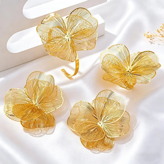 Aesthetic Gold Color Big Flower Jewelry Set Filigree Floral Statement Jewelry Women Street Style & Date Night Wear All Season