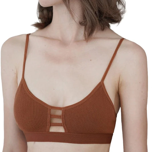 Women's Ribbed Hollow-Out Bralette Wireless Bra Breathable Padded Underwear Ladies Thin Strap Lingerie Daily Wear Sports Bras