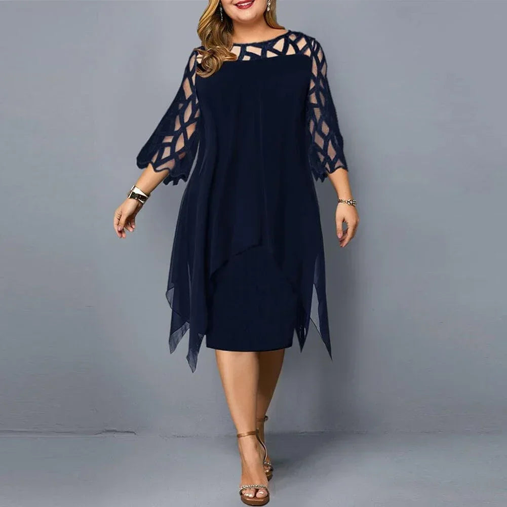 Elegant Women Party Dress Plus Size Evening Dresses Hollow Out Lace Sleeve Monochrome Irregular Hem Chiffon Dress
