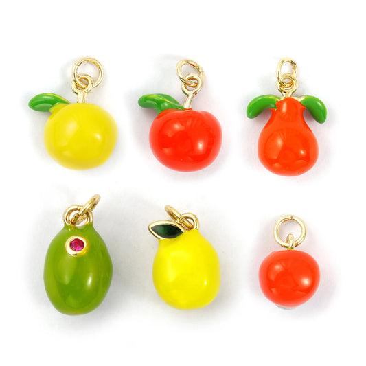 2pcs 3d Fruit Brass Charm 18k Gold Plated Enamel Lemon Pear Persimmon Tangerine Pendant Diy Findings For Jewelry Necklace Making