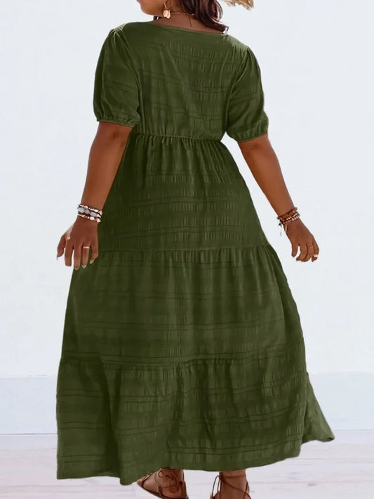 Plus Size 1XL-5XL Women's Fashionable Square Neck Solid Color Short Sleeved Dress Ladies Casual A-line Skirt Long Dress