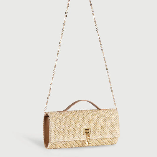 Straw Woven Clutch Bag with Top Handle, Gold Chain Crossbody Purse, Summer Beach Bag with Lock Closure for Women Party, Wedding
