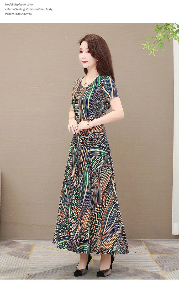 Women's Plus Size Print Dress Summer Mid-Age Mother Loose Long Flared Skirt Elegant Knee Length Dress