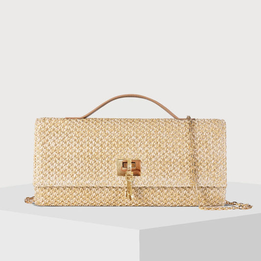 Straw Woven Clutch Bag with Top Handle, Gold Chain Crossbody Purse, Summer Beach Bag with Lock Closure for Women Party, Wedding