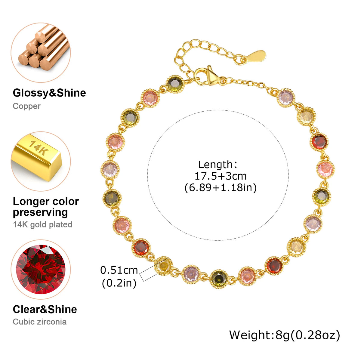Luxury Colored Round Zircon Bracelet for Women,Gold Plated Zircon Chain Bracelets,Dainty Charm Jewelry Gift