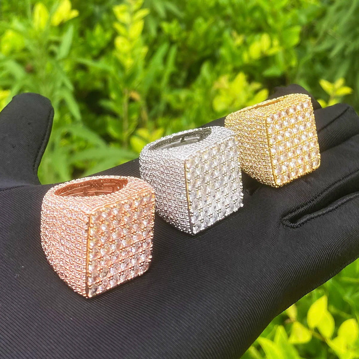 Aokaishen Iced Out Square Ring for Men Real Gold Plated Cubic Zirconia Hip Hop Jewelry