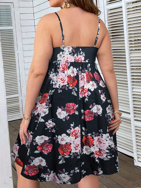 Plus Size Floral Print Cami Dress, Elegant V-Neck Spaghetti Strap A-Line Dress for Women