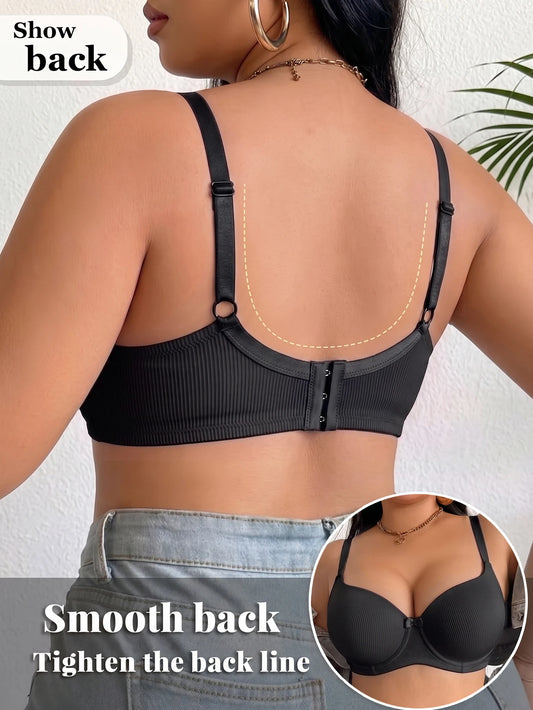 Plus Size Women Bra Thin Cup Underwire Side Gathering Push Up Bra Solid Ribbed Anti-Sagging Comfortable & Breathable Lingerie