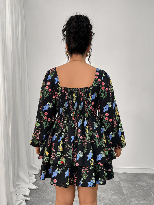 Women Plus Size Mini Dress Black Floral Square Neck Tie Front Puff Sleeve Ruffle Skater Dress Fall Casual Short Dress Daily Wear