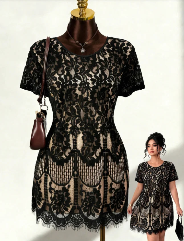 Plus Size Women's Black Lace Dress Round Neck Short Sleeve Waist-cinching Slimming A-line Dress Versatile for Dating and Commuti
