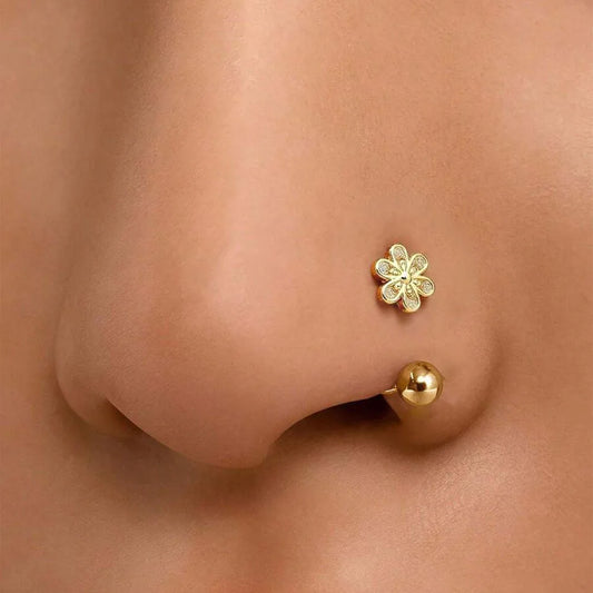 1Pc Simple Flower-Shaped Nose Ring,14K Gold Plated Stainless Steel Piercing Jewelry for Women Daily Wear Body Piercing Accessory