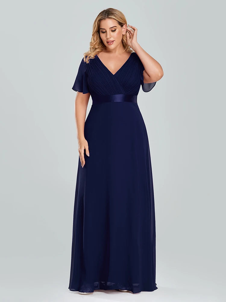 Plus Size Evening Dresses Long XUCTHHC Elegant A Line V Neck Ruffles Chiffon Formal Wedding Party Dress Robe De Soiree 2021