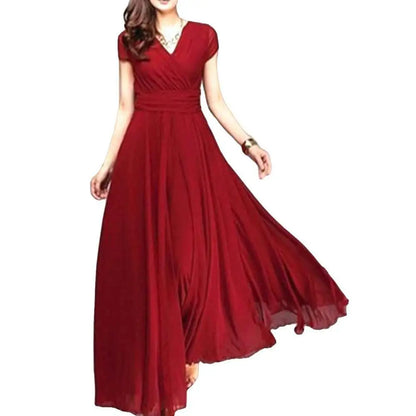 Plus Size Solid Color Elegant Women Dress Wedding Party Gown V Neck Short Sleeve Slims Fit Maxi Dress Sexy Women Dresses Spring