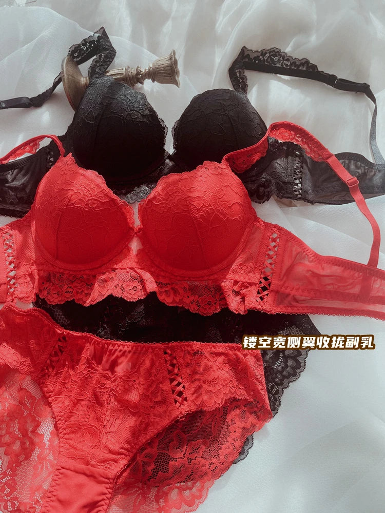 Bra sexy lace large size lingerie with underpants suit gathered underwear steel ring upper support  women comfortable bralette