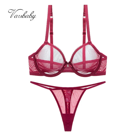 Varsbaby Ladies underwear summer thin mesh bra set transparent gather breathable sexy thong plus size bra set