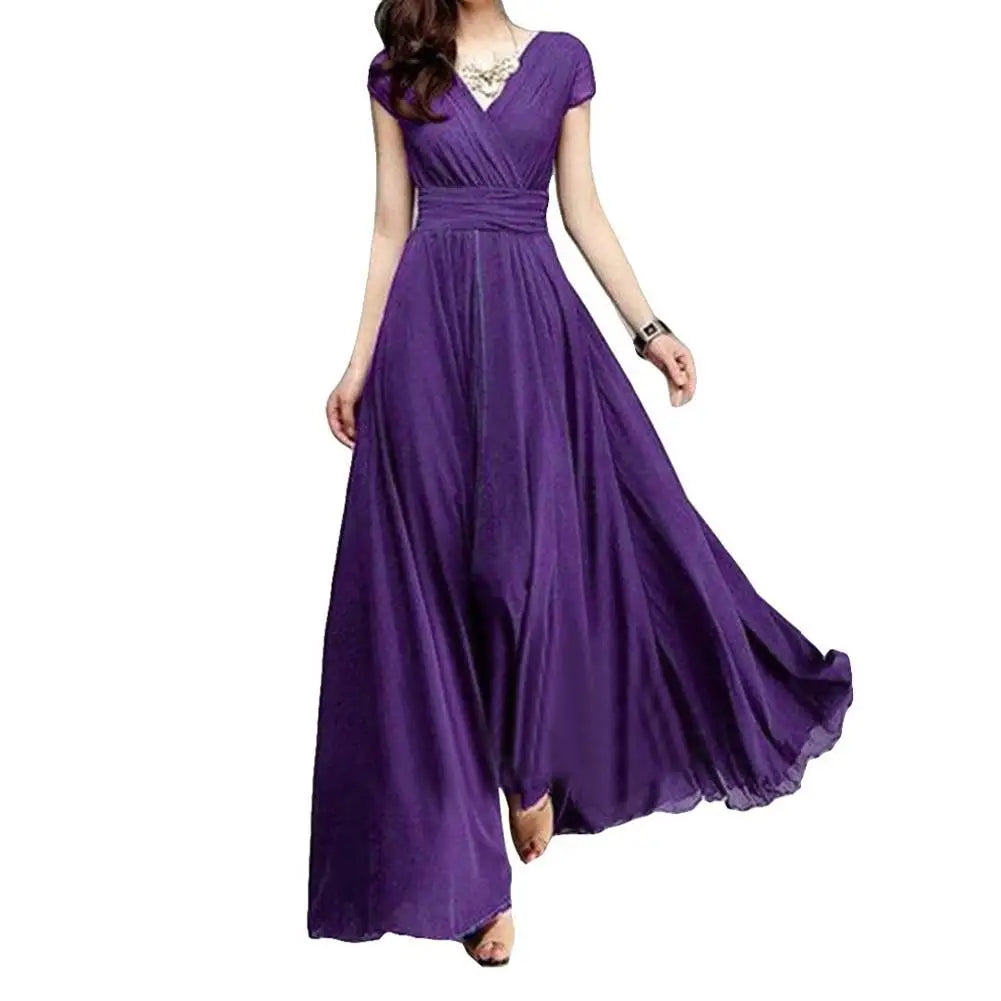 Plus Size Solid Color Elegant Women Dress Wedding Party Gown V Neck Short Sleeve Slims Fit Maxi Dress Sexy Women Dresses Spring