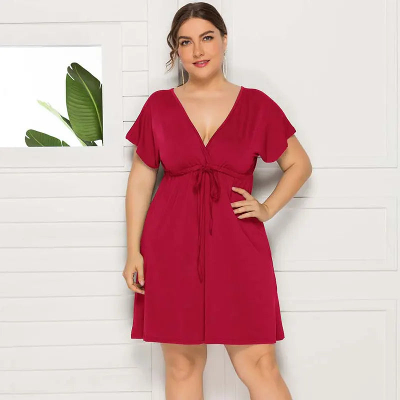 PLUS SIZE V Neck Short Sleeve Mini Dress Women Sundress Sexy Elastic Waist Frenulum Dresses Casual Loose Pullover Clothing