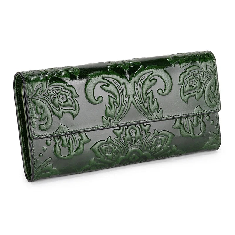 Genuine Leather Purse Women Large Real Leather Clutch Long Women's Cow Leather Purses Floral Ladies Wallets