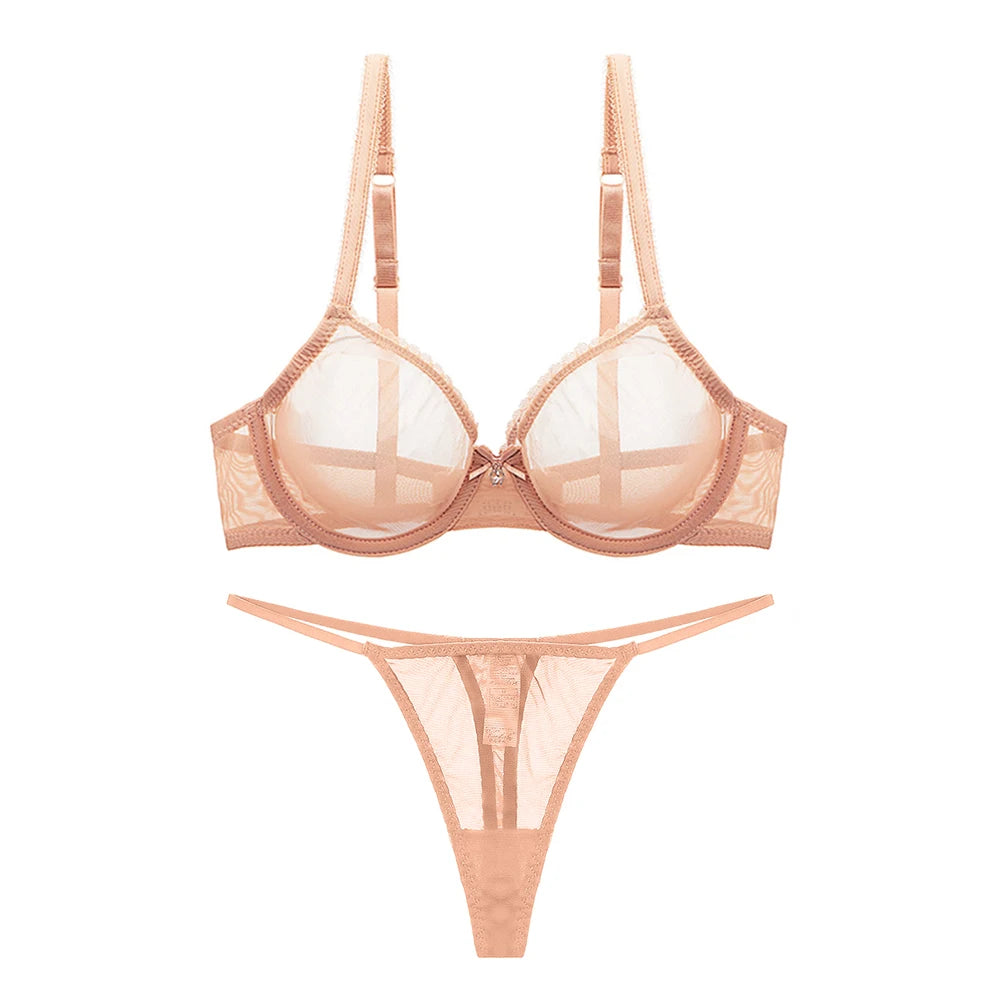 Varsbaby Ladies underwear summer thin mesh bra set transparent gather breathable sexy thong plus size bra set