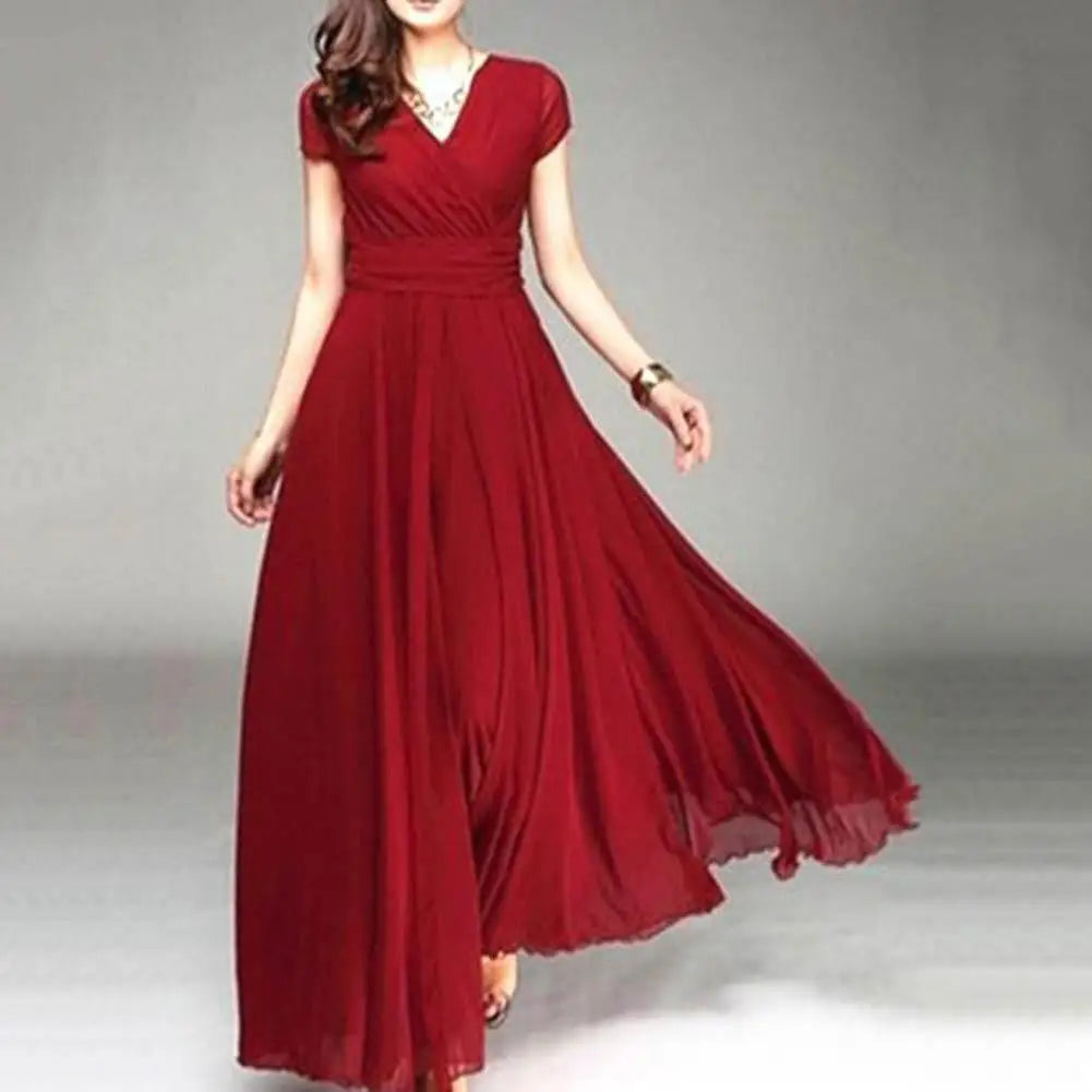 Plus Size Solid Color Elegant Women Dress Wedding Party Gown V Neck Short Sleeve Slims Fit Maxi Dress Sexy Women Dresses Spring
