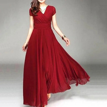 Plus Size Solid Color Elegant Women Dress Wedding Party Gown V Neck Short Sleeve Slims Fit Maxi Dress Sexy Women Dresses Spring