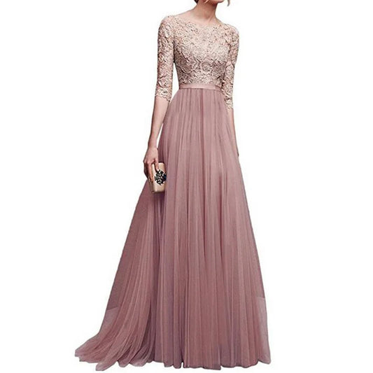 2022 Women Plus  Size 5XL Three Quarter Sleeve Lace  Chiffon Long Evening Party Dress Fit And Maxi Ankle Length Dresses Vestios