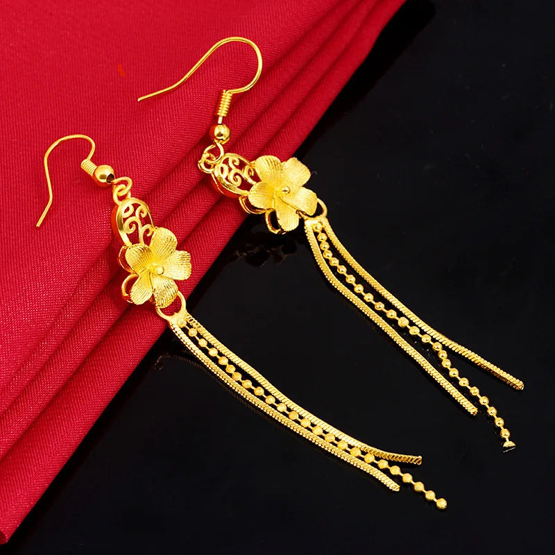 Real 18K Yellow Gold Tassels Flower Drop Earring for Women Romantic Wedding Jewelry Luxury Gift