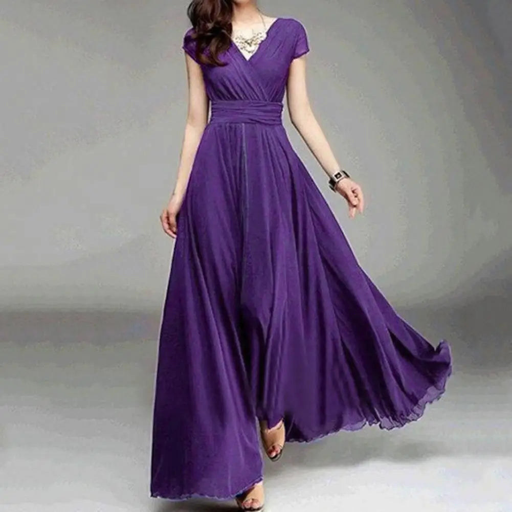 Plus Size Solid Color Elegant Women Dress Wedding Party Gown V Neck Short Sleeve Slims Fit Maxi Dress Sexy Women Dresses Spring