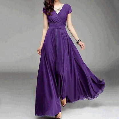 Plus Size Solid Color Elegant Women Dress Wedding Party Gown V Neck Short Sleeve Slims Fit Maxi Dress Sexy Women Dresses Spring