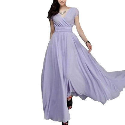 Plus Size Solid Color Elegant Women Dress Wedding Party Gown V Neck Short Sleeve Slims Fit Maxi Dress Sexy Women Dresses Spring