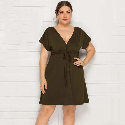 PLUS SIZE V Neck Short Sleeve Mini Dress Women Sundress Sexy Elastic Waist Frenulum Dresses Casual Loose Pullover Clothing