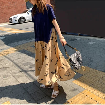 Plus Size XL- 5XL Female Vestidos 2025 Summer Casual Women Patchwork Dress Print Beach Style Ladies Dress Fake Two Piece Robe